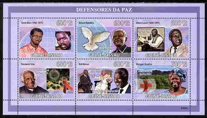 Guinea - Bissau 2009 Defenders of Peace perf sheetlet containing 6 values unmounted mint Yv 2892-97, Mi 4265-70, stamps on personalities, stamps on mandela, stamps on nobel, stamps on peace, stamps on racism, stamps on human rights, stamps on pope, stamps on popes, stamps on red cross, stamps on 