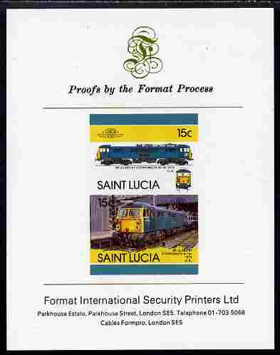 St Lucia 1986 Locomotives #5 (Leaders of the World) 15c Stephenson Electric Loco se-tenant pair imperf mounted on Format International proof card, stamps on railways