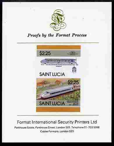 St Lucia 1986 Locomotives #5 (Leaders of the World) $2.25 Von Kruckenburg Rail Car se-tenant pair imperf mounted on Format International proof card, stamps on railways