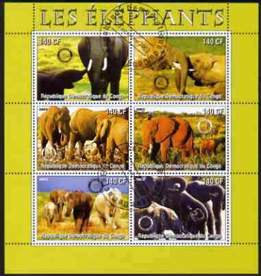 Congo 2003 Elephants perf sheetlet #01 (green border) containing 6 x 140 CF values each with Rotary Logo, fine cto used, stamps on rotary, stamps on animals, stamps on elephants