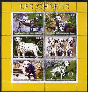 Congo 2003 Dogs (Dalmations) perf sheetlet #01 (yellow border) containing 6 values each with Rotary Logo, fine cto used, stamps on rotary, stamps on dogs, stamps on dalmations