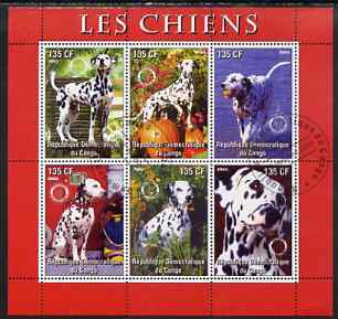 Congo 2003 Dogs (Dalmations) perf sheetlet #02 (red border) containing 6 values each with Rotary Logo, fine cto used, stamps on rotary, stamps on dogs, stamps on dalmations