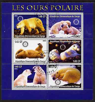 Congo 2003 Polar Bears perf sheetlet #01 (blue border) containing 6 values each with Rotary Logo, fine cto used, stamps on , stamps on  stamps on rotary, stamps on  stamps on bears, stamps on  stamps on polar