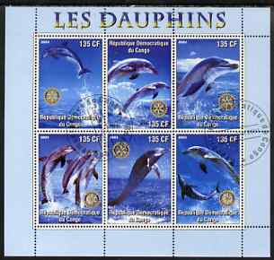 Congo 2003 Dolphins perf sheetlet #01 (vert stamps) containing 6 values each with Rotary Logo, fine cto used, stamps on rotary, stamps on dolphins, stamps on marine life
