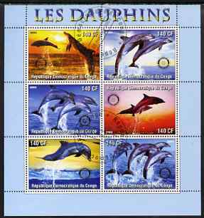 Congo 2003 Dolphins perf sheetlet #02 (horiz stamps) containing 6 values each with Rotary Logo, fine cto used, stamps on rotary, stamps on dolphins, stamps on marine life