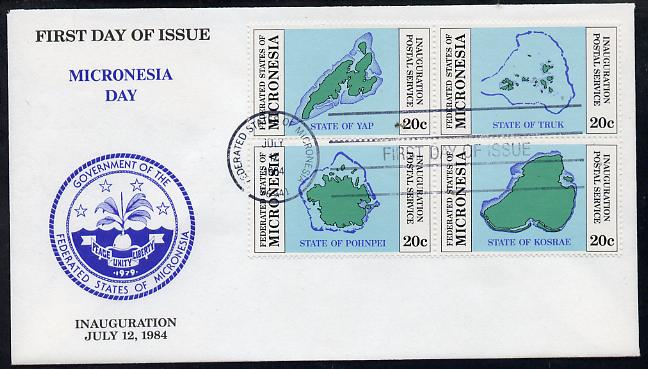 Micronesia 1984 Postal Independence se-tenant set of 4 Maps on first day cover (SG 1a), stamps on maps  postal