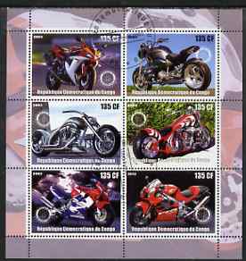 Congo 2003 Motorcycles perf sheetlet containing 6 x 135 cf values each with Rotary Logo, fine cto used, stamps on rotary, stamps on motorbikes