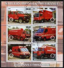 Congo 2003 Fire Services 1,000 Years perf sheetlet containing 6 x 135 cf values each with Rotary Logo, fine cto used, stamps on rotary, stamps on fire, stamps on trucks, stamps on land rovers