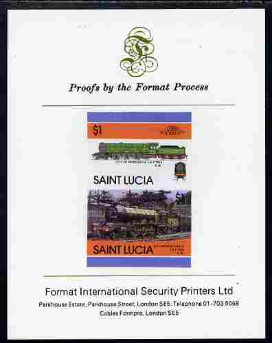 St Lucia 1986 Locomotives #5 (Leaders of the World) $1 4-6-2 City of Newcastle se-tenant pair imperf mounted on Format International proof card, stamps on railways