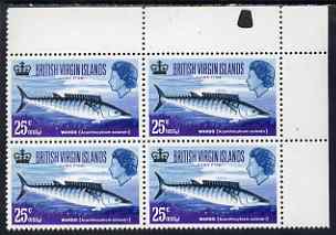 British Virgin Islands 1968 Wahoo 25c (Game Fishing) unmounted mint corner block of 4, one stamp with 'extra rock' variety, stamps on fish, stamps on fishing, stamps on gamefish