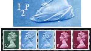 Great Britain 1971 Machin multi-value coil (2p,1/2p,1/2p,1p,1p) with constant variety damaged value and white mark under bust on 1st 1/2p (ex G1 coil roll 8) unmounted mi..., stamps on varieties, stamps on gb