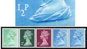 Great Britain 1971 Machin multi-value coil (6p,2p,1p,1/2p,1/2p) with constant variety 'damaged value and white mark under bust on 1st 1/2p' (ex G3 coil roll ?) unmounted mint, stamps on , stamps on  stamps on varieties, stamps on  stamps on gb