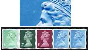 Great Britain 1971 Machin multi-value coil (6p,2p,1p,1/2p,1/2p) with constant variety retouch in background infront of forehead on 2nd 1/2p (ex G3 coil roll ?) unmounted ..., stamps on varieties, stamps on gb
