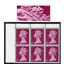 Great Britain 1967-70 Machins 6d unmounted mint corner block of 6 with variety 'dark flaw on band of diadem (R2/3 cyl 3), stamps on varieties