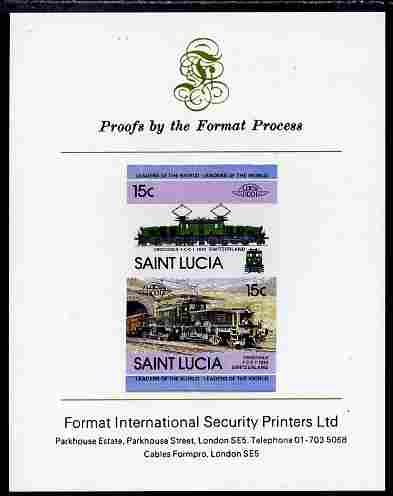 St Lucia 1984 Locomotives #2 (Leaders of the World) 15c Crocodile type 1CC1 Switzerland se-tenant pair imperf mounted on Format International proof card, stamps on railways