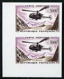 France 1957 Helicopter 1000f  'Maryland' imperf pair 'unused' forgery, as SG 1320 - the word Forgery is either handstamped or printed on the back and comes on a presentation card with descriptive notes, stamps on forgery, stamps on forgeries, stamps on aviation, stamps on helicopters, stamps on maryland
