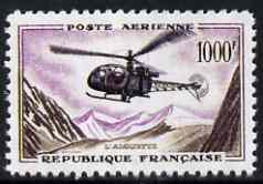 France 1957 Helicopter 1000f  'Maryland' perf 'unused' forgery, as SG 1320 - the word Forgery is either handstamped or printed on the back and comes on a presentation card with descriptive notes, stamps on forgery, stamps on forgeries, stamps on aviation, stamps on helicopters, stamps on maryland