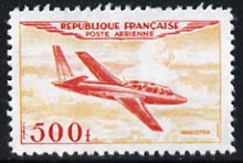 France 1954 Air - Magister 500f  'Maryland' perf 'unused' forgery, as SG 1196 - the word Forgery is either handstamped or printed on the back and comes on a presentation card with descriptive notes, stamps on forgery, stamps on forgeries, stamps on aviation, stamps on maryland
