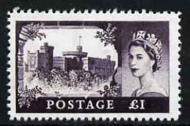 Great Britain 1955 Windsor Castle £1  'Maryland' perf 'unused' forgery, as SG 539 etc - the word Forgery is either handstamped or printed on the back and comes on a presentation card with descriptive notes, stamps on maryland, stamps on forgery, stamps on forgeries, stamps on castles