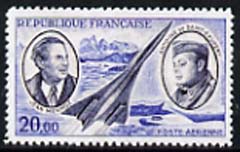 France 1970 Air Pioneers 20f (Mermoz, Saint-Exupery & Concorde)  'Maryland' perf 'unused' forgery, as SG 1893 - the word Forgery is either handstamped or printed on the back and comes on a presentation card with descriptive notes, stamps on forgery, stamps on forgeries, stamps on aviation, stamps on concorde, stamps on maryland