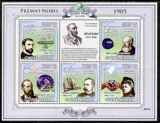 Guinea - Bissau 2009 Nobel Prize Winners for 1905 perf sheetlet containing 5 values unmounted mint Yv 2956-69, Mi 4253-57, stamps on personalities, stamps on nobel, stamps on literature, stamps on science, stamps on medival, stamps on chemistry, stamps on atomics, stamps on 