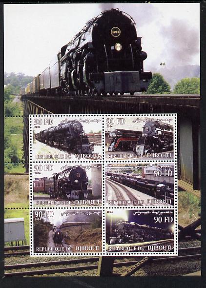 Djibouti 2004 Steam Locos perf sheetlet containing 6 values unmounted mint. Note this item is privately produced and is offered purely on its thematic appeal, stamps on , stamps on  stamps on railways