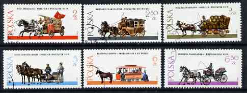Poland 1980 Warsaw Horse-Drawn Vehicles set of 6 incl Fire Engine, Brewers Dray & Tram, all fine used SG 2712-17*, stamps on fire, stamps on alcohol, stamps on trams, stamps on horses, stamps on beer