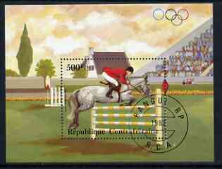 Central African Republic 1983 pre-Olympics 500f miniature sheet featuring Show Jumping cto used, stamps on sport, stamps on olympics, stamps on horses