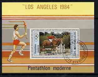 Ivory Coast 1984 Los Angeles Olympics 500f miniature sheet fine cto used  (Mi B26), stamps on sport, stamps on horses, stamps on olympics