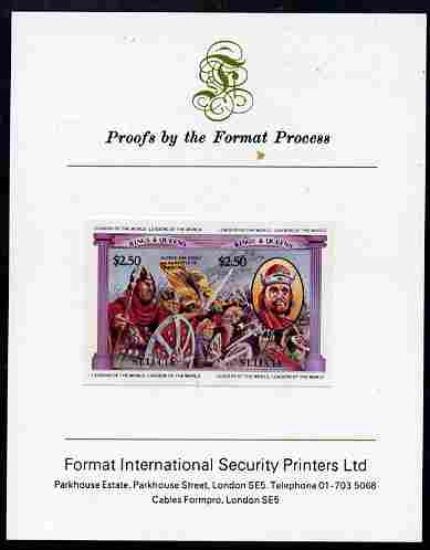 St Lucia 1984 Monarchs (Leaders of the World) the unissued $2.50 (Alfred the Great & Battle of Edington) se-tenant pair imperf mounted on Format International proof card, stamps on royalty, stamps on battles