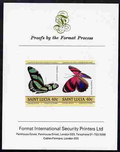 St Lucia 1985 Butterflies (Leaders of the World) 40c se-tenant pair imperf mounted on Format International proof card, stamps on butterflies