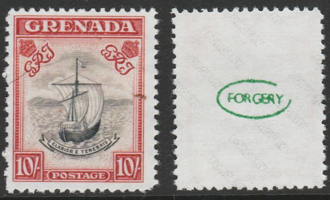 Grenada 1938-50 KG6 definitive Badge of Colony 10s,  'Maryland' perf forgery 'unused', as SG 163 - the word Forgery is either handstamped or printed on the back and comes on a presentation card with descriptive notes, stamps on , stamps on  stamps on maryland, stamps on  stamps on forgery, stamps on  stamps on forgeries, stamps on  stamps on  kg6 , stamps on  stamps on 