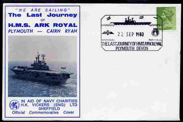 Postmark - Great Britain 1980 illustrated cover for Last Voyage of HMS Ark Royal with special Plymouth cancel, stamps on ships, stamps on flat tops