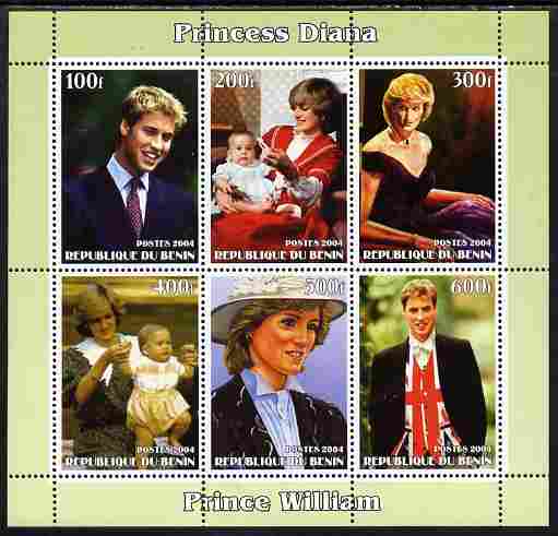 Benin 2004 Princess Diana (& William) perf sheetlet containing 6 values unmounted mint. Note this item is privately produced and is offered purely on its thematic appeal, stamps on royalty, stamps on diana, stamps on william, stamps on personalities