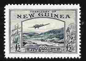 New Guinea 1935 Junkers G.31F over Bulolo Goldfields £5 green,  'Maryland' perf forgery 'unused', as SG 205 - the word Forgery is either handstamped or printed on the back and comes on a presentation card with descriptive notes, stamps on maryland, stamps on forgery, stamps on forgeries, stamps on , stamps on  kg5 , stamps on , stamps on aviation