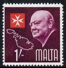 Malta 1966 Churchill 1s with gold (shading) omitted,  'Maryland' perf forgery 'unused', as SG 364a - the word Forgery is either handstamped or printed on the back and comes on a presentation card with descriptive notes, stamps on maryland, stamps on forgery, stamps on forgeries, stamps on churchill