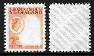 Rhodesia & Nyasaland 1959-62 Copper Mining 2d with centre omitted,  'Maryland' perf forgery 'unused', as SG 20var - the word Forgery is either handstamped or printed on the back and comes on a presentation card with descriptive notes, stamps on maryland, stamps on forgery, stamps on forgeries, stamps on minerals, stamps on mining
