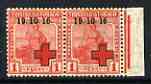 Trinidad & Tobago 1916 Red Cross Overprint on Britannia 1d unmounted mint marginal pair, one stamp with small stop after 16, SG 175var, stamps on red cross, stamps on  kg5 , stamps on 
