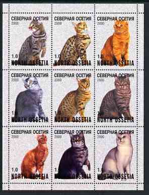 North Ossetia Republic 2000 Domestic Cats perf sheetlet containing 9 values unmounted mint, stamps on cats