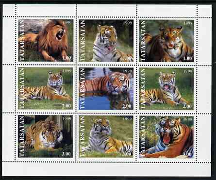 Tatarstan Republic 1999 Tigers perf sheetlet containing 9 values unmounted mint, stamps on cats, stamps on tigers