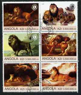 Angola 2000 Lions (with Lions Int Logo) set of 6 very fine cto used, stamps on cats, stamps on lions, stamps on lions int