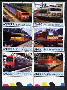 Angola 2000 Modern Trains #01 set of 6 very fine cto used, stamps on railways