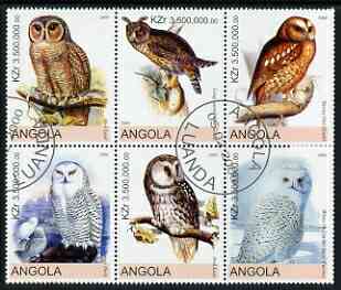 Angola 2000 Owls perf set of 6 very fine cto used, stamps on birds, stamps on birds of prey, stamps on owls