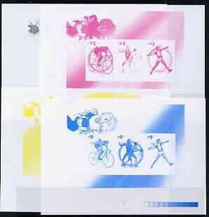 North Korea 2000 Sydney Olympic Games imperf proof of sheetlet #1 (Cycling, basketball, Javelin) - the set of 4 imperf progressive proofs comprising the 4 individual colours (magenta, yellow, blue & black) , stamps on olympics, stamps on bicycles, stamps on basketball, stamps on javelin
