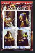 Ivory Coast 2003 Art of the Renaissance - Paintings by Jan Vermeer perf sheetlet containing 4 values unmounted mint, stamps on arts, stamps on vermeer, stamps on lace, stamps on music, stamps on jewellry, stamps on renaissance