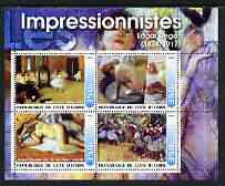 Ivory Coast 2003 Art of the Impressionists - Paintings by Edgar Degas perf sheetlet containing 4 values unmounted mint, stamps on arts, stamps on degas, stamps on dancing, stamps on nudes