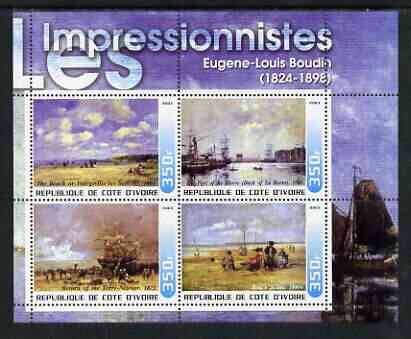 Ivory Coast 2003 Art of the Impressionists - Paintings by Eugene-Louis Boudin perf sheetlet containing 4 values unmounted mint, stamps on arts, stamps on 