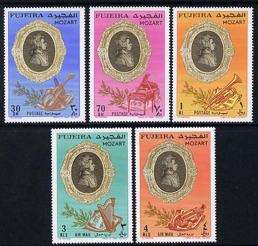 Fujeira 1971 Mozart Commemoration perf set of 5 unmounted mint, Mi 770-74A, stamps on music, stamps on personalities, stamps on composers, stamps on harps, stamps on masonics, stamps on personalities, stamps on mozart, stamps on music, stamps on composers, stamps on masonics, stamps on masonry