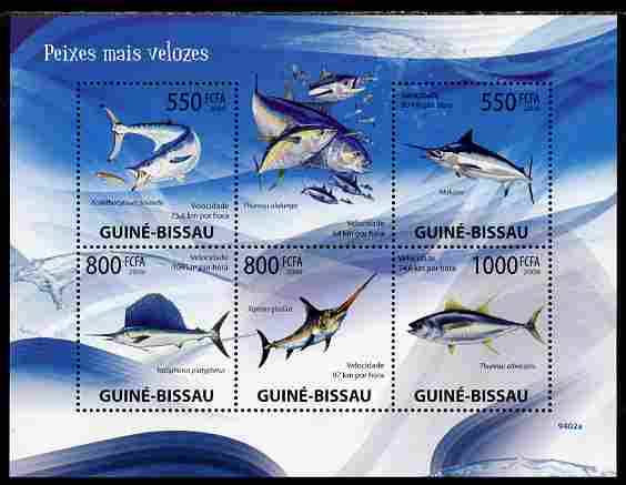 Guinea - Bissau 2009 Fish - Speed Records perf sheetlet containing 5 values unmounted mint Yv 2981-85, stamps on , stamps on  stamps on fish