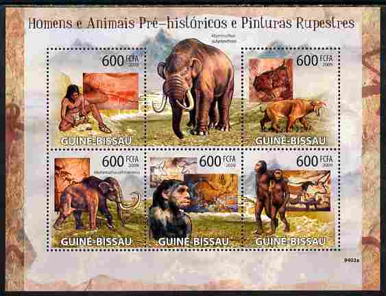 Guinea - Bissau 2009 Pre-Historic Man, Animals & Cave Paintings perf sheetlet containing 5 values unmounted mint Yv 2986-90, stamps on dinosaurs, stamps on arts, stamps on 